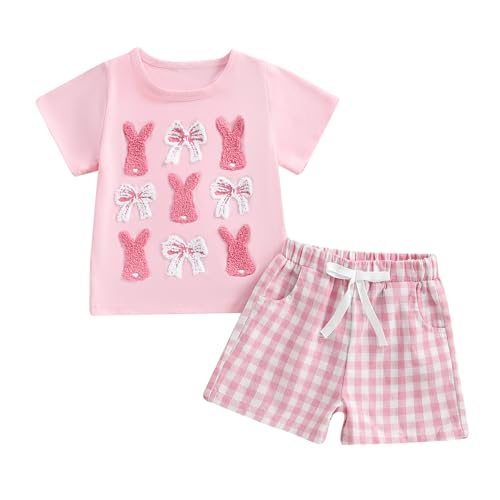 MoZiKQin Baby Girl Easter Outfit Bunny Bow Embroidery Short Sleeve Tshirt Tops Plaid Shorts Set Toddler Summer Clothes (Pink, 2-3T)
