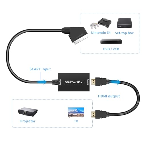 uhddadi Scart auf HDMI Konverter, Scart auf HDMI Adapter Video Audio Wandler HD 1080P mit HDMI Kabel, für HDTV STB VHS Xbox PS3 Sky DVD Blu-ray usw, schwarz