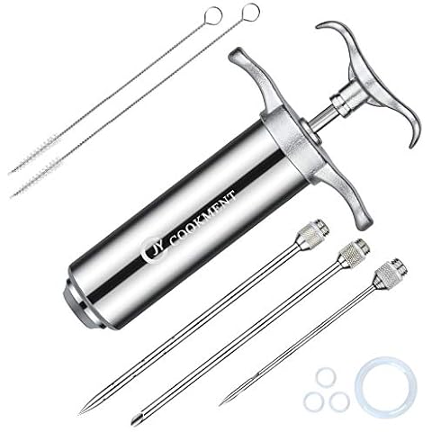 JY COOKMENT Meat Injector Syringe 2-oz Marinade Flavor Barrel 304 Stainless Steel with 3 Professional Needles 2 Cleaning Brushes and 4 Silicone O-Rings Cover