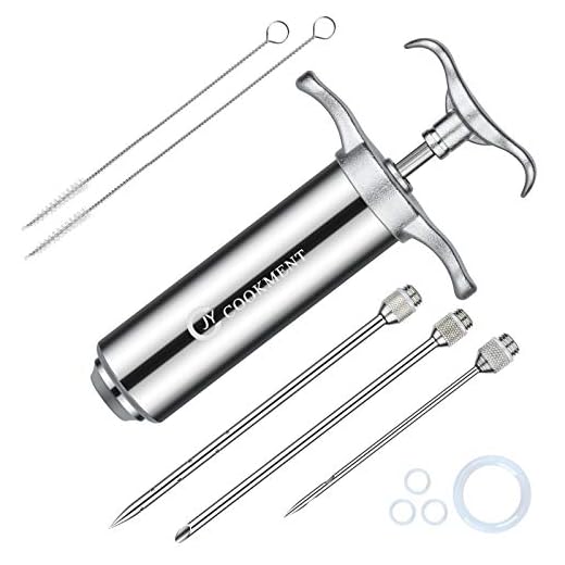 JY COOKMENT Meat Injector Syringe 2-oz Marinade Flavor Barrel 304 Stainless Steel with 3 Professional Needles 2 Cleaning Brushes and 4 Silicone O-Rings