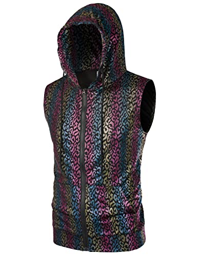 Image of ZEROYAA Mens 70s Metallic Sleeveless Hooded Vest T Shirt | Shiny, Disco, Sparkle, Party, Dance, NightClub, Halloween, Cosplay, Hipster, Kangaroo Pocket, Zip Up