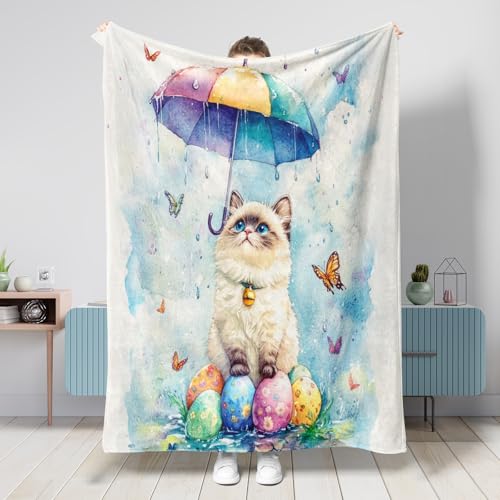 Manta de primavera y Pascua con diseño de gatos, 40 x 50 pulgadas, divertida manta de franela cálida y esponjosa para dormitorio, camping, viajes, sofá de mascotas