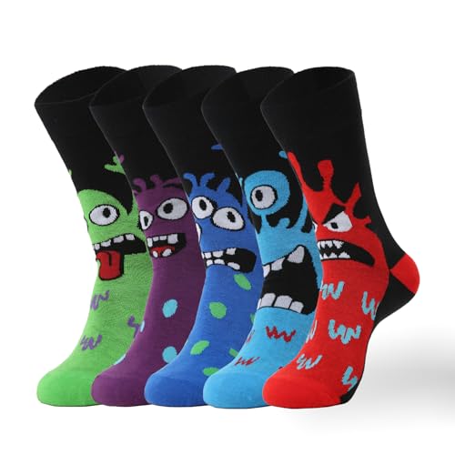 HotJna Mens Monster Pattern Crew Socks Colorful Cartoon Novelty Cotton Socks 5 Pack