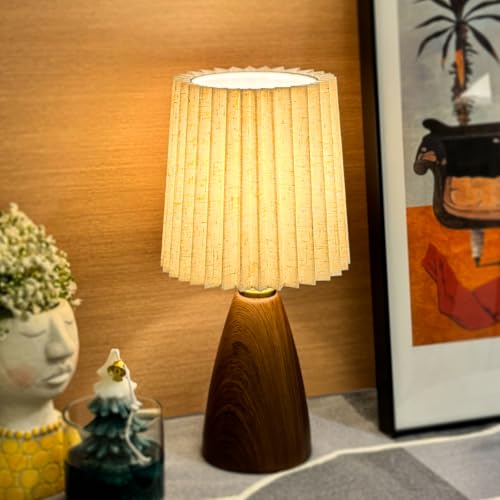 nomoluke Small Pleated Table Lamp for Bedroom, Bedside Lamps for Nightstand, Dimmable Desk Lamp Ceramic Wood Grain Base Round Flaxen Fabric Shade for Living Room, Kids Room,LED Bulb Included(Art Deco)