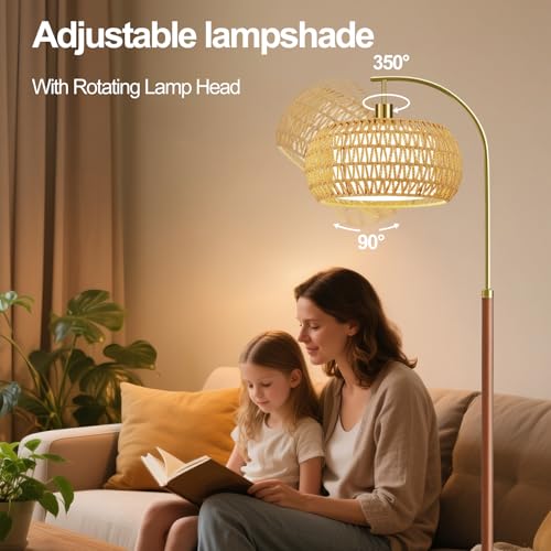 Image of Wood Arc Floor Lamps for Living Room,Boho Rattan Floor Lamp with Remote Control & 3 Color Temperatures,Dimmable Mid Century Modern Standing Lamp Farmhouse Vintage Tall Floor Lamp For Bedroom Corner