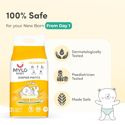 Image of Mylo Baby Diaper Pants Newborn (NB) Size Upto 5 kg Babies (46 Count) Leak Proof | Lightweight | Rash Free | Upto 12 Hours Protection | ADL Technology | with Aloe Vera Lotion