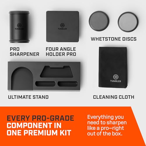 Image of Tumbler Pro Black Rolling Knife Sharpener Starter Set - Knife Sharpening Made Easy - Sharpening Kit Includes Magnet Holder Pro, Whetstone Upgrade Discs (3000 & 6000 Grit) & Weighted Pro Stand