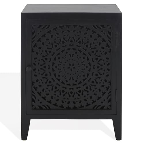 SAFAVIEH Furniture - Thea 1-Door Carved Nightstand - Black - Mango Wood - Artisan...