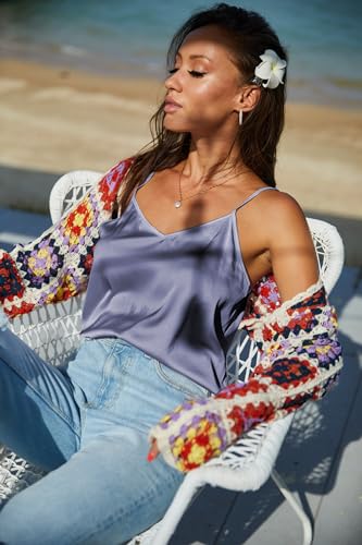 Ekouaer Women's 2 Pcs Satin Camisole Silky Pajama Tank Tops V Neck Soft Spaghetti Strap Loose Basic Sleepwear3