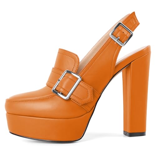 Image of Women's High Heel Loafers Platform Pumps Round Toe Heels Chunky Heel Pumps Stylish Comfortable 4.8 Inch Slingback Heels