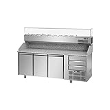 Table à pizza réfrigérée avec 3 portes, 3 tiroirs neutres, plateau en granit avec levage et vitrine réfrigérée vitres droites avec prédisposition pour 9 bacs GN 1/4