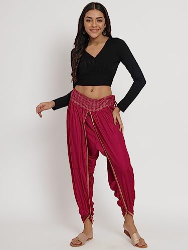 Image of 9rasa Women's Viscose Hand Block Printed Belt Freesize Dhoti Chudidar for Ethnic Casual Fusionwear (Fits Waist 26-38 inch Inches)