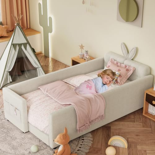 Image of Twin Size Bed Frame for Kids, Upholstered Daybed Frame Floor Bed with Safety Rails and Storage Pocket Cute Rabbit Ear Shaped Headboard for Kids Teens Boys Girls, Beige