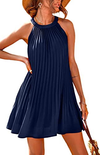 PRETTYGARDEN Damen-Sommerkleider, hübsches ärmelloses Minikleid mit Neckholder, einfarbig, fließend, plissiert, Strandkleid, Marineblau, Groß