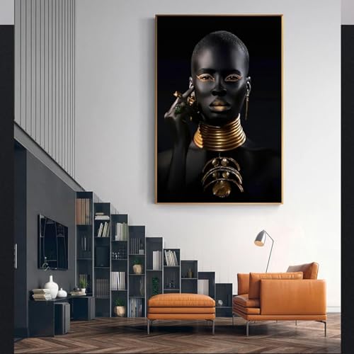 Peinture femme africaine noir et or, une œuvre d'art mural inspirante pour votre maison