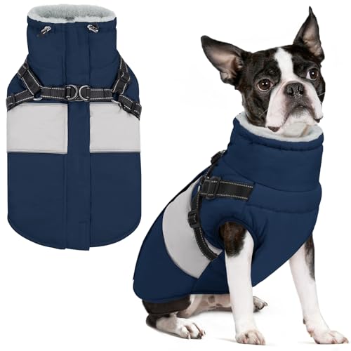 Image of Small Dog Coat with Harness Built in, Warm Dog Jacket Winter with Zipper On Back, Waterproof Pet Snow Jacket Snowsuit Pet Sweater Clothes for Schnauzer, Yorkshire Terrier, Navy Blue S