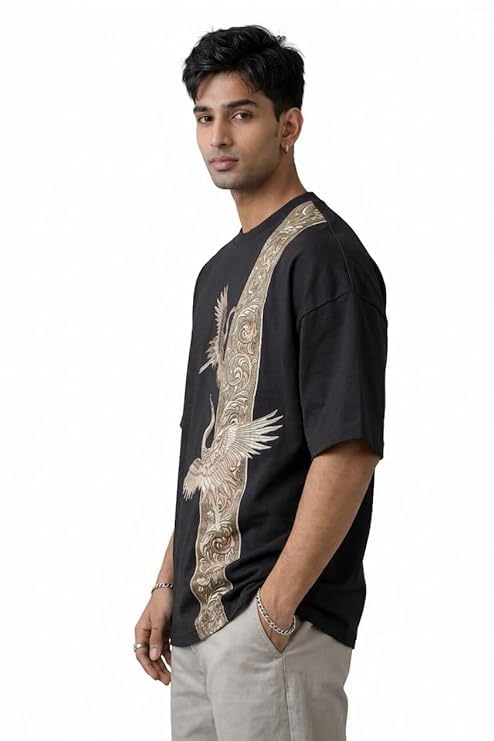 Image of Men's Oversized Black T-Shirt with Crane Bird and Floral Embroidery, Casual Streetwear