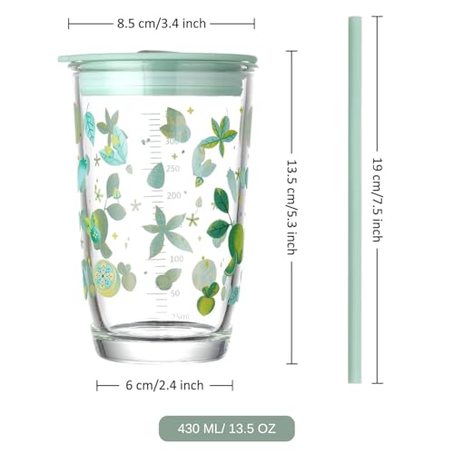 Image of Glass Tumbler with Scale, Straw and Lid, Portable Glass Drinking Jar with Lemon Pattern, Thick Glass Cup for Coffee Juice Milkshake (430ML, Pack of 1, Multicolor)