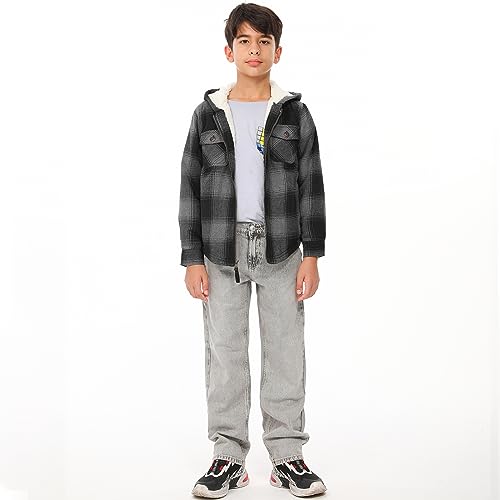 Image of ThCreasa Boys Plaid Flannel Jackets Sherpa Lined Zip Up Long Sleeve Warm Flannel Shirt with Hood