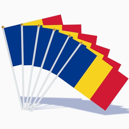 AhfuLife 15 Stück Klein Rumänien Flaggen für Rumänische Deko Mini Rumänien Handgehaltene Fahne mit 30cm weißem Pole für 2026 WM 1. Dezember Nationaltag Festival Party Zuhause Garten Dekoration