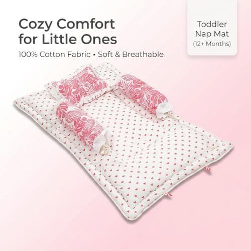 Image of NWF Premium Cotton Toddler Bedding Set, Pink Leaf Print, 26x40 Inch, Foldable Nap Mat, Lightweight, Travel Friendly, 4 Piece, 12+ Months