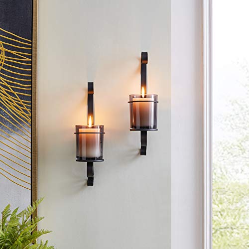 Vintage Black Wall Sconce Candle Holder Set (2) With Smoke Glass Hurricanes Modern Contemporary Metal #TOP23
