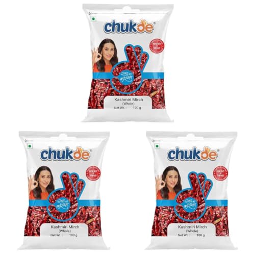 Image of Chukde Kashmiri Lal Mirch Sabut, Chilli Stemless Whole Spices, 100g (Pack of 3)