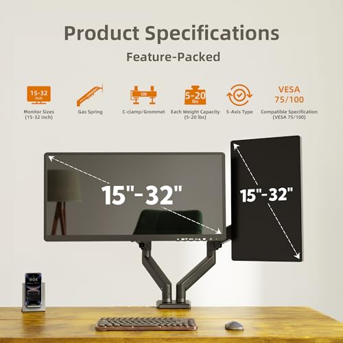 Image of Claiks Dual Monitor Mount for 15-32 Screens, Ergonomic Gas Spring Monitor Arm for, Adjustable Computer Monitor Stand up to 40 lbs, with Clamp and Grommet Base, VESA Mounting Holes 75&100mm, Black