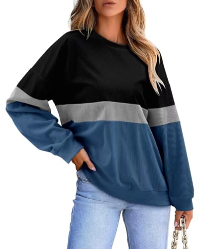 KISSMODA Womens Casual Long Sleeve Sweatshirts Color Block/Solid Tops Corduroy Crewneck Tunic Pullover with Pockets