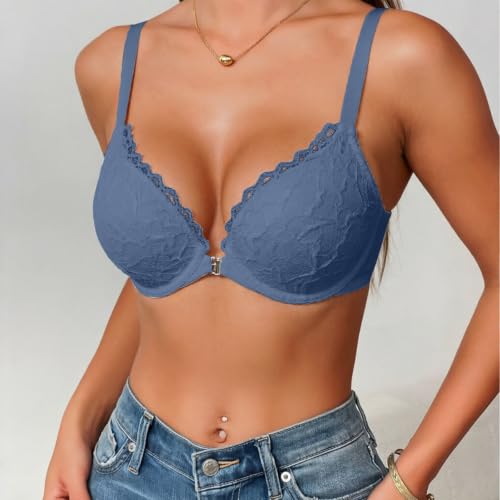 Loinjsnktng Lace Bras for Women Plus Size Push Up Sexy Bra Comfort Padded Underwire Bra Lift Up Full Coverage Everyday Bras Blue - image 2