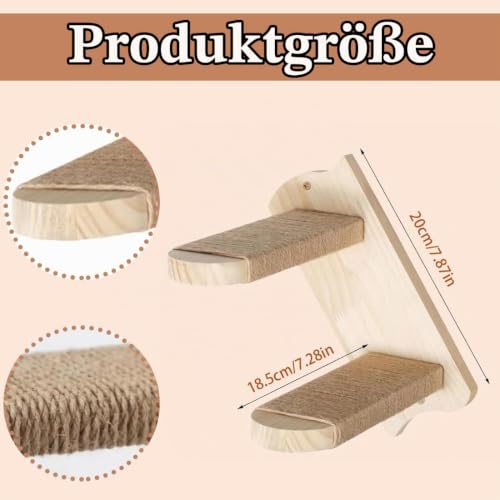 Katzentreppe 2 Stufen, Katzenleiter Mit Juteseil, Katzentreppe Wand, Katzenbretter Für Die Wand, Katzen Treppe, Katzentreppe Kletterwand Katzen Für Katze Klettern Spielen, Natürliche Holzfarbe