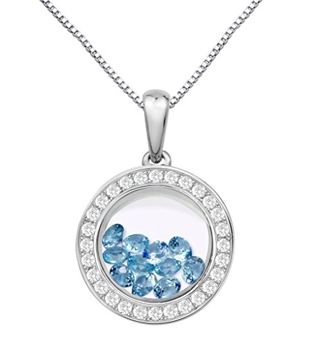 PARIKHS Round Pendant Floating Light Blue Cubic Zirconia Inside -CZ Border - Sterling Silver