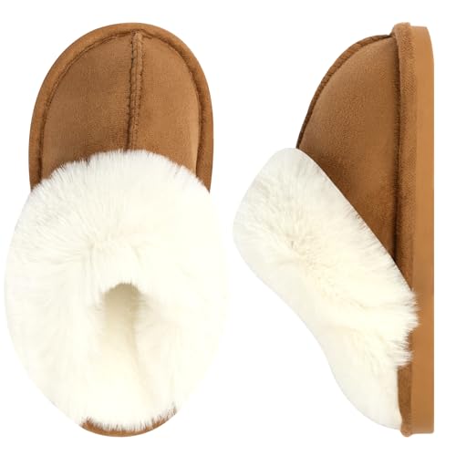 GIWONET Kids Slippers Girls Boys Faux Fur House Slippers Fuzzy Indoor Shoes Warm Memory Foam Soft Plush Bedroom Slides Brown