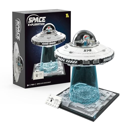 HUNKING UFO Spaceship Building Block Set, Creative UFO&Alien Building Set, Space Exploration Spaceship Brick, Dual LED Lights and Transparent Base, Model for UFO Lover Collection,Gifts for Ages 8+