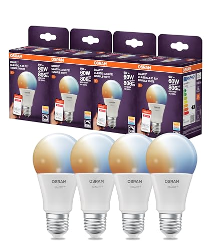 OSRAM Lampada LED SMART A60, forma lampadina E27, 9W ZigBee 3.0, bianco regolabile 2700-6500K, dimmerabile, Alexa, Google Assistant,4-Pack