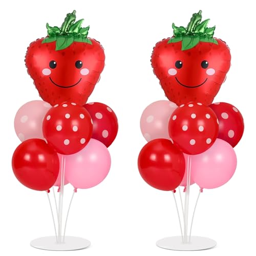 Image of 2 Sets Strawberry Party Balloons Stand Kit with Red and Pink Dot Foil Balloons Sweet Strawberry 1st Party Balloon Centerpiece for Tables for Girls Strawberries Birthday Themed Decorations