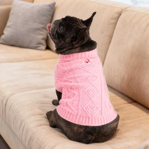 Image of PUPTECK Dog Sweater, Turtleneck Warm Knitted Pullover Coat, Thick Cable Knitwear Clothes in Winter, Pet Apparel Outfits for Small Medium Dogs, for Cold Weather Indoor & Outdoor, Pink M