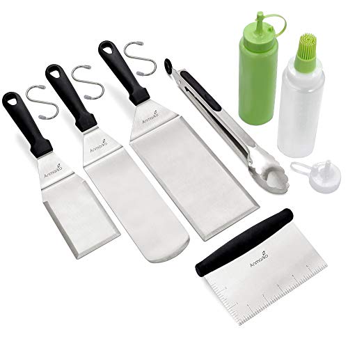 Edelstahl Metall Pfannenwender Set - Grillschaber Flachspachtel Pfannkuchen Flipper Hamburger Pfannenwender - Metall Utensil ideal für BBQ Grill flache Oberseite Gusseisengrill - Zubehör Cover