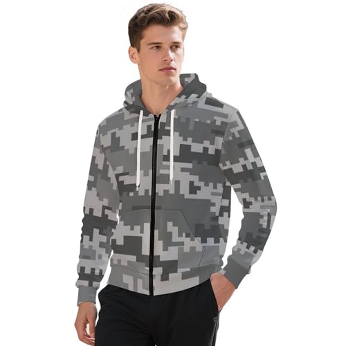 Digital Gray Camouflage Men's Hoodies with Zipper Lightweight Long Sleeve Casual Sweatshirts