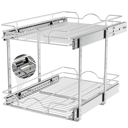 OCG 2 Tier Pull Out Cabinet Organizer (14″ W x 21″ D), Pull Out Drawers for Kitchen Cabinets, Pull Out Shelves for Base Cabinet Organization in Kitchen Bathroom Pantry, Chrome Finish