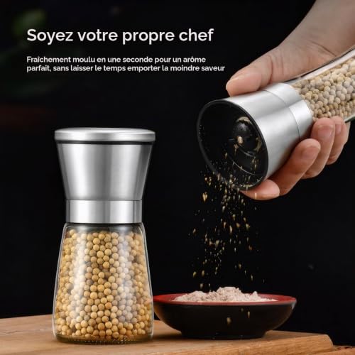 LiangYuanZen Lot de 2 moulins à sel et poivre en verre de qualité supérieure et acier inoxydable avec noyau de broyage en céramique réglable manuellement pour poivre, sel, épices, sans contenu – vue 6