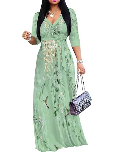 Image of PinkPatty Plus Size Maxi Dress for Women Casual V Neck 3 /4 Sleeve Boho Printed Long Dress with Pockets