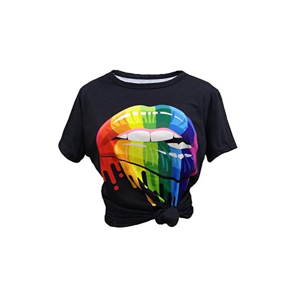 HIGO FASHION Womens Short Sleeve T-Shirt Sexy Rainbow Color Lips Funny Graphic Tie Tees 80s Tops