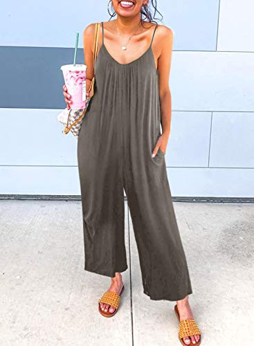 Dokotoo Women's Loose Jumpsuits For Women Adjustable Spaghetti Strap Stretchy Wide Leg Solid One Piece Sleeveless Long Pant Romper Jumpsuit With Pockets Gray Medium #TOP1
