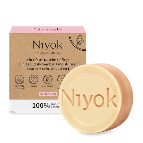 Niyok® Gel de ducha sólido 2 en 1 y cuidado | Gel de ducha sólido sin aceite de palma | pH neutro para la piel, pH 5.5, vegano, sin plástico, como jabón de ducha, jabón orgánico, cosméticos naturales