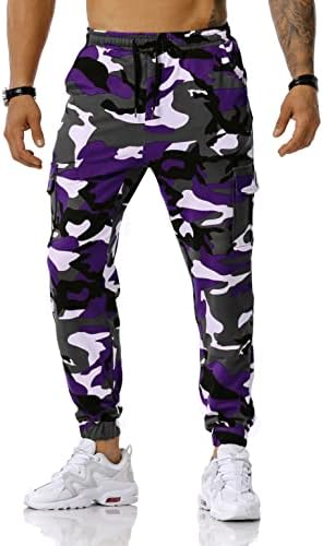 GRAJTCIN Mens Streetwear Elastic Waist Hiking Pants Lightweight Sports Sweatpants Casual Joggers Pant with Pockets Camo Cargo Work Pants for Men Fashion Purple L