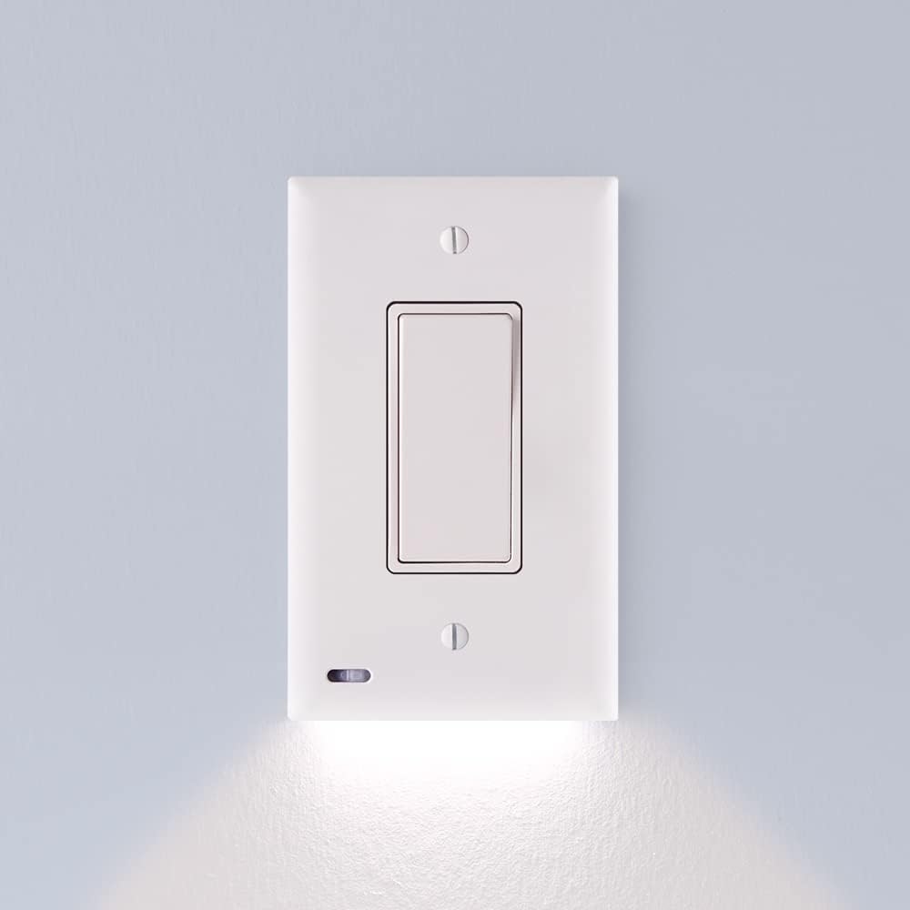 Single - SnapPower SwitchLight - LED Night Light - for Single-Pole Light Switches - Switch Plate with LED Night Lights - Adjust Brightness - Auto On/Off Sensor - (Rocker, White)