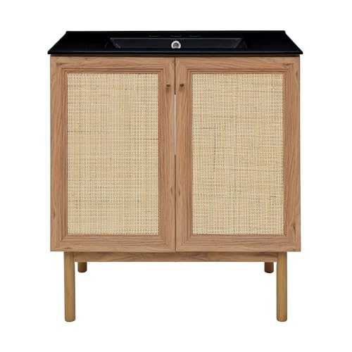 Image of Swiss Madison Classe 30 in. Brown Oak Bathroom Vanity with Black, 3-Hole Ceramic Sink Top