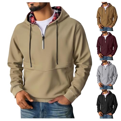 Men's Oversized Quarter Zip Hoodie Plaid Collar Fleece Lined Sweatshirt Workout Long Sleeve Top4