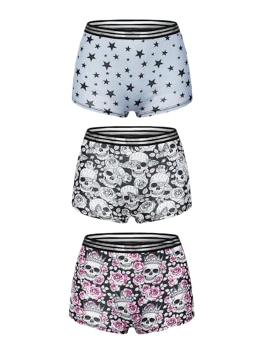 Morvia 3er Pack Frauen Unterhose Gotische Halloween Schädel Spooky Druck Kontrastende Boyshorts Boxer Elastische Gürtel Intime Hosen, Blau, Weiß, Rot, M